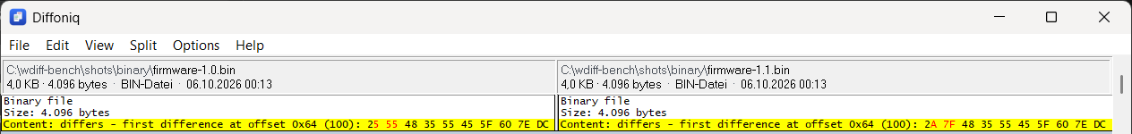 Two binary firmware files compared: content differs, first difference at offset 0x64, the differing bytes highlighted