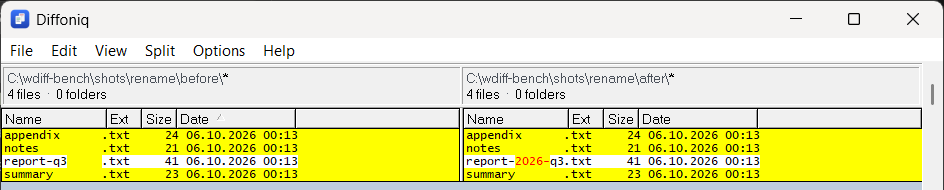 Directory comparison in which report-q3.txt on the left is matched with report-2026-q3.txt on the right as one renamed pair