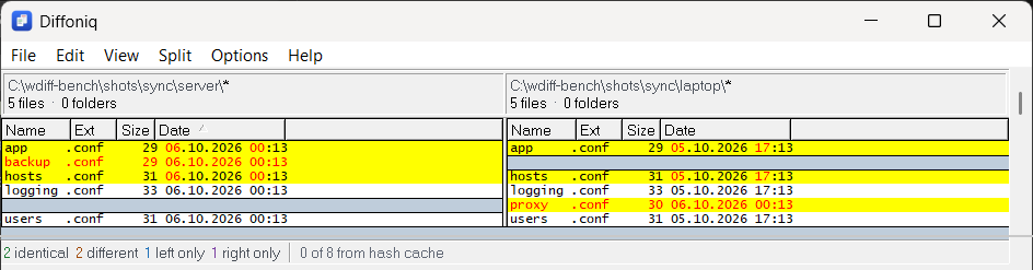 Directory comparison of server against laptop with the ignore-time rule active; the status bar reads 2 identical, 2 different, 1 left only, 1 right only
